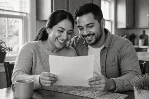 A smiling couple sits at a kitchen table in the Midlands, happily looking at a sheet of paper together. A coffee mug is on the table, and sunlight streams through a nearby window.