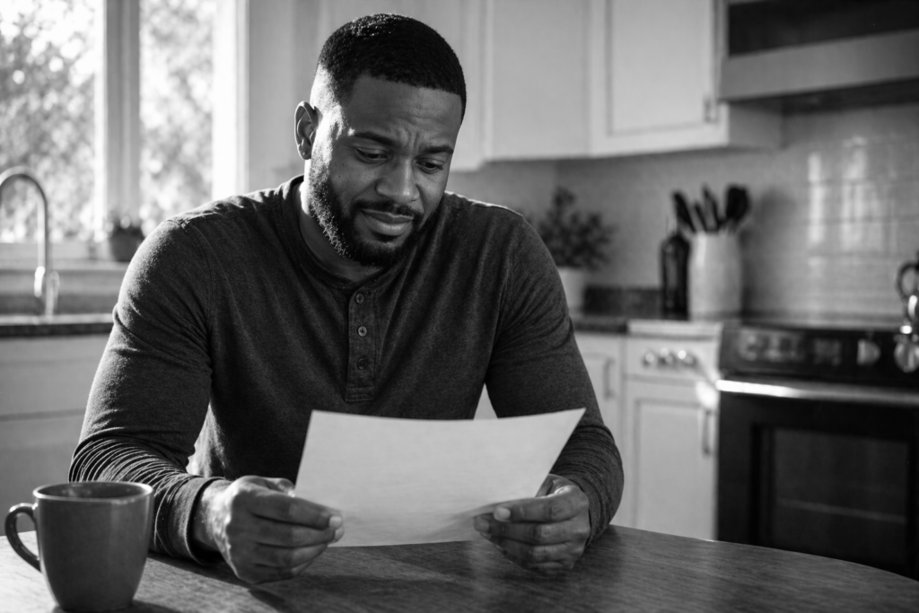 A man sits at a kitchen table, looking concerned as he reads a piece of paper. A coffee mug is on the table in front of him. The kitchen is bright and modern, with sunlight coming through the window.