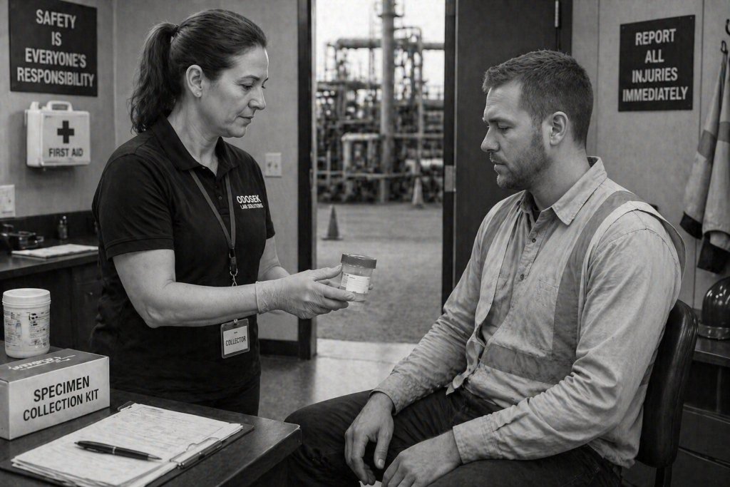 Odosek collector handing a urine drug test cup to a worker during on-site employee drug screening at a Gwinnett County job site