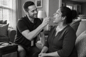 A man smiles as he uses a swab to take a mouth sample from a seated woman in a cozy living room, suggesting an at-home health care visit in Columbia, South Carolina.