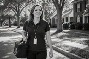 A woman wearing a polo shirt and name badge smiles while walking down a sunny suburban street, carrying a lunch bag. Trees and houses line the background in this black and white image.