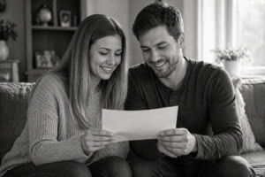 A smiling woman and man sit together on a couch in their cozy living room, holding and looking at a sheet of paper. They appear happy and engaged with what they are reading.