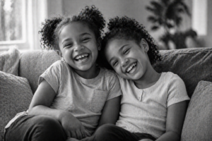 Two young girls with curly hair, sitting close together on a couch, smile and laugh joyfully. Both wear light t-shirts, and their expressions show happiness and friendship. The image is in black and white.