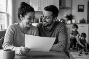 A smiling couple sits at a table holding a sheet of paper, appearing happy and engaged. In the background, two young children play together in a cozy kitchen setting. The image is in black and white.
