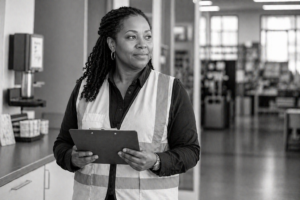 A woman wearing a safety vest holds a clipboard and looks to the side while standing in a bright, indoor workspace.