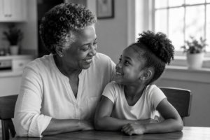An elderly woman and a young girl sit at a table indoors, smiling warmly at each other. Sunlight comes through a window in the background, highlighting their joyful expressions.