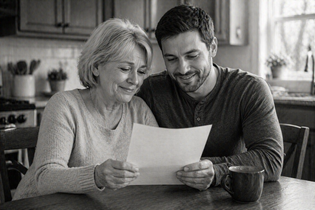 An older woman and a younger man smile while looking at DNA test results together at a kitchen table.