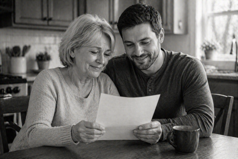 An older woman and a younger man smile while looking at DNA test results together at a kitchen table.