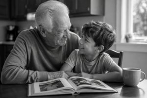 An elderly man and a young boy sit at a table, smiling warmly at each other while looking at a photo album. A mug sits on the table beside them. Sunlight streams through a window in the background.