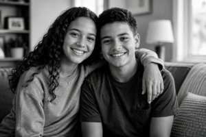 A black-and-white photo of two smiling teenagers sitting close on a couch. The girl has long curly hair and her arm around the boy's shoulder. Both look happy and relaxed in a cozy living room setting.