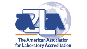 Logo of the American Association for Laboratory Accreditation (A2LA) featuring large stylized blue letters "A2LA" over a light blue globe, recognized by dna testing irmo sc labs, with the organization's name written below.