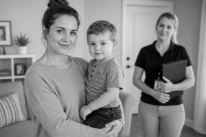 A woman holding a young boy smiles at the camera while another woman, holding a folder and wearing an ID badge, stands in the background in a living room.