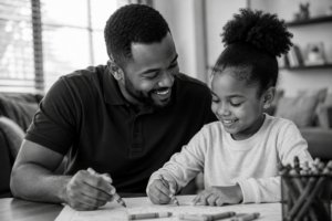 A man and a young girl sit at a table, smiling and drawing together with crayons. The scene is bright and cheerful, showing a moment of bonding and creativity in a cozy home setting.