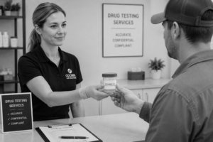 A woman in a lab uniform hands a specimen cup to a man at a drug testing service counter. A sign on the counter lists services as accurate, confidential, and compliant. The setting appears professional and clinical.
