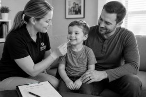 A woman swabs the inside of a young boy’s cheek while a man, likely his father, sits beside him smiling. A clipboard with a "Chain of Custody" form is visible in the foreground. The setting appears to be a home.