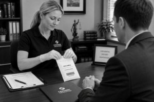 A woman wearing gloves places a DNA sample envelope on a desk in front of a man in a suit. A clipboard labeled “Chain of Custody” and a folder marked "Odosek Lab Solutions" are on the desk. Signs read “Confidential Discreet Professional.”.