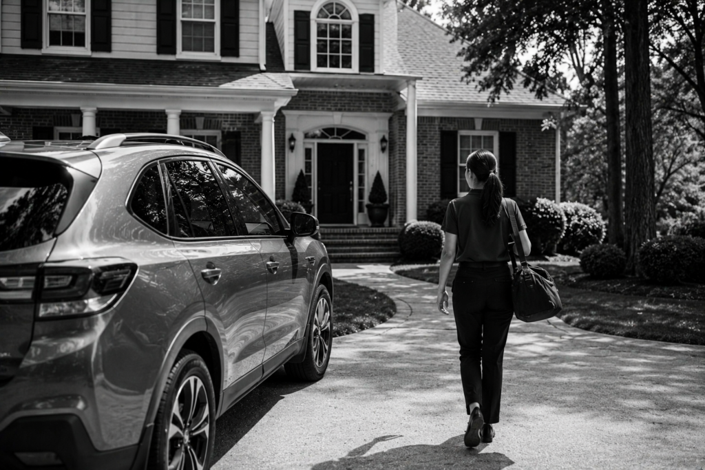 A person carrying a bag walks up a curved driveway toward a large brick house with tall windows and columns; a parked SUV is visible in the foreground. The scene is in black and white.