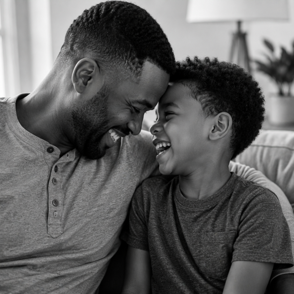 A man and a young boy smile and touch foreheads while sitting on a couch, sharing a joyful moment together. The background shows a lamp and a plant, and the image is in black and white.