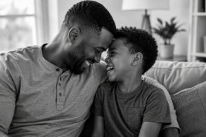 A man and a young boy smile and touch foreheads while sitting on a couch, sharing a joyful moment together. The background shows a lamp and a plant, and the image is in black and white.