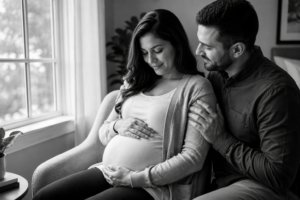 A pregnant woman sits on a chair, gently holding her belly and smiling, while a man sits beside her, embracing her shoulders and looking at her affectionately. The scene is lit by natural light from a window.