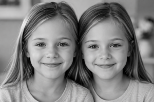 Black and white photo of two young girls with long hair, standing close together and smiling warmly at the camera. They appear to be twins, wearing similar light-colored shirts. The background is softly blurred.