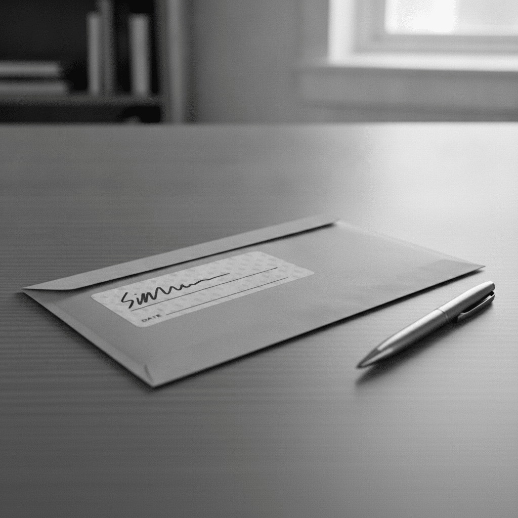A sealed envelope with a signature label sits on a striped desk next to a silver pen. Shelves and a window are blurred in the background.