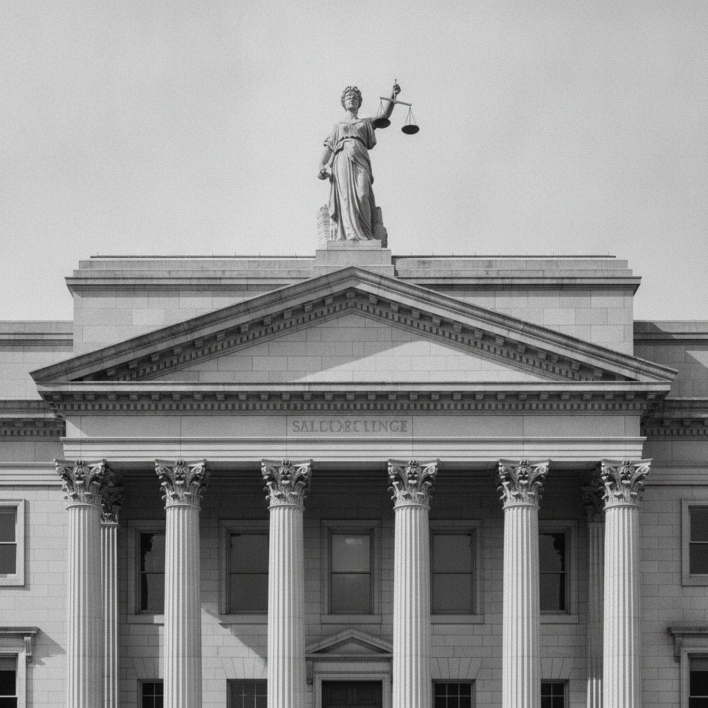 A neoclassical courthouse with tall columns and a statue of Lady Justice holding scales on the roof. The facade is detailed, and the building appears grand and formal.