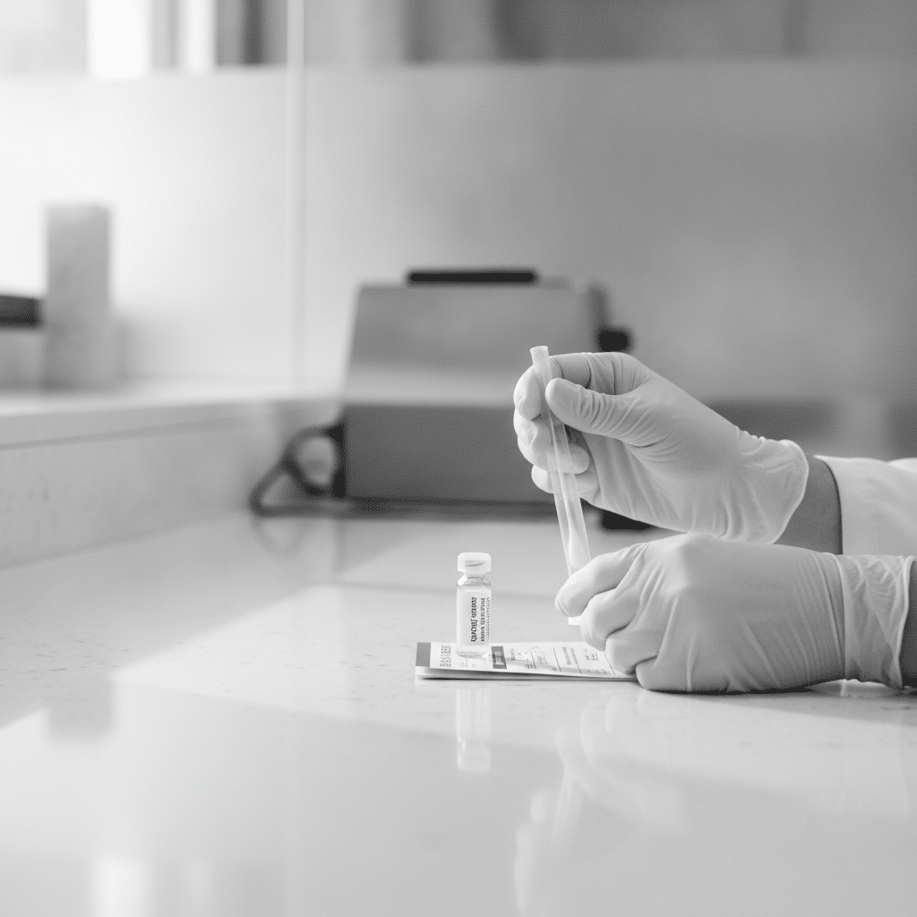 A person wearing gloves uses a dropper and test kit for cheek swab DNA collection at a laboratory counter.