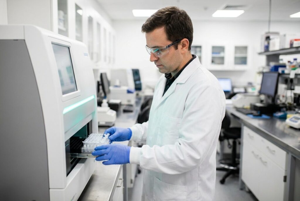 A laboratory scientist loading DNA sample tubes into a genetic analysis instrument at an accredited testing laboratory.