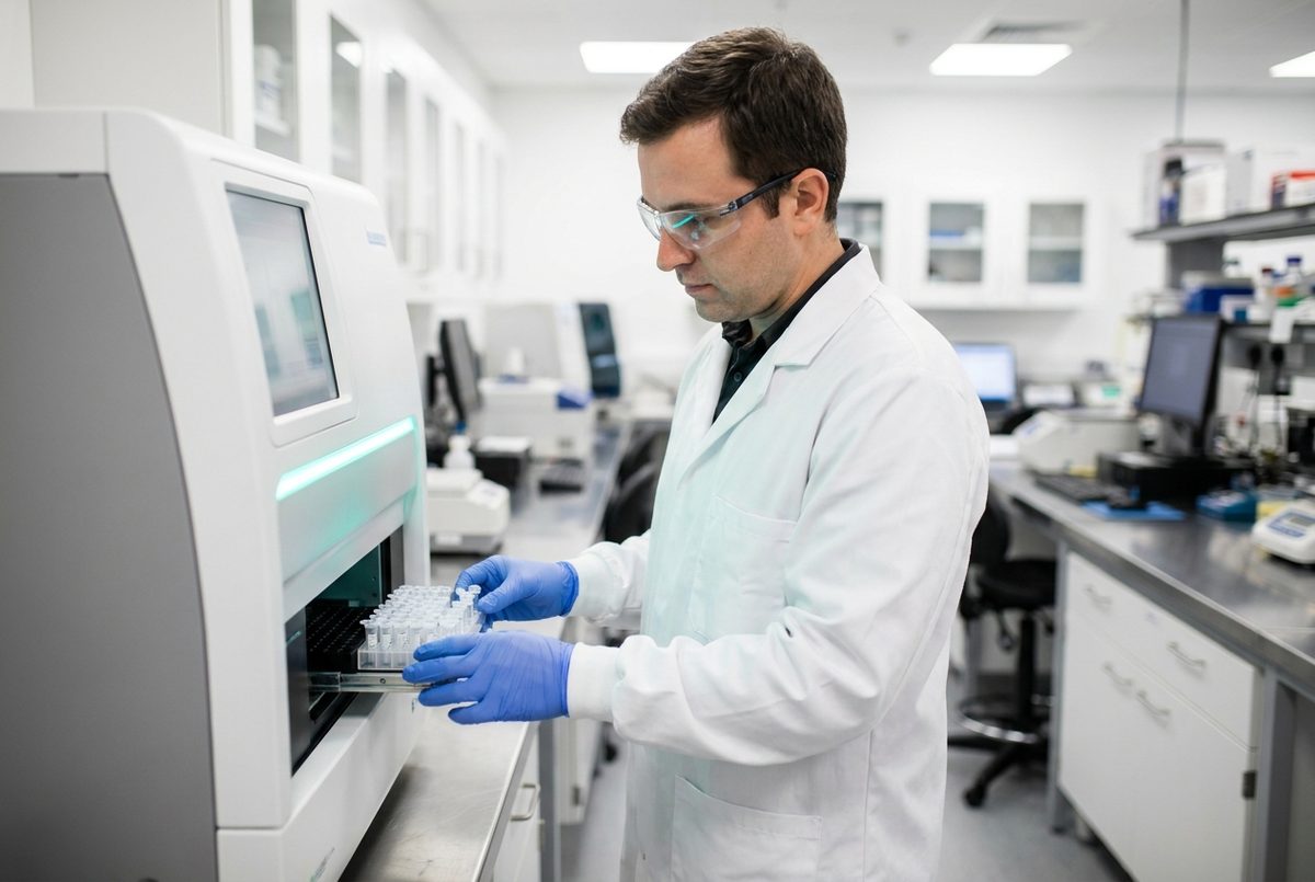 A laboratory scientist loading DNA sample tubes into a genetic analysis instrument at an accredited testing laboratory.