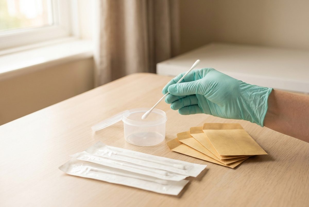 A gloved hand holds a sterile buccal swab beside an open DNA collection kit with sealed swabs and specimen envelopes.