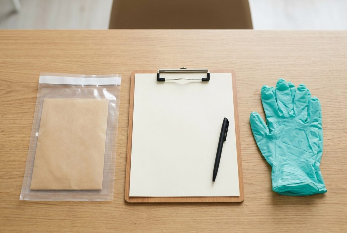 A sealed specimen pouch, a clipboard holding a chain of custody form, and disposable gloves laid out on a desk.