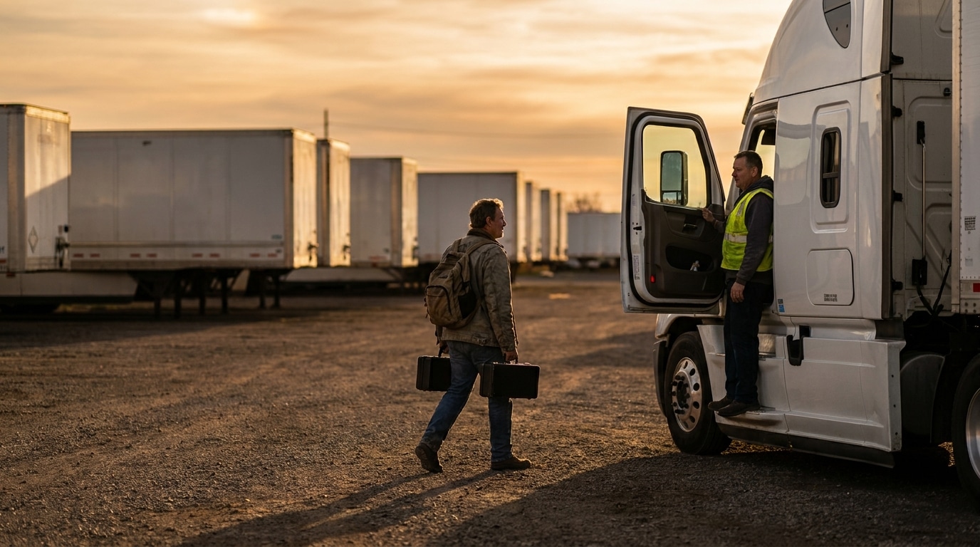 A mobile collector carrying a case walks toward a truck driver standing beside a white semi truck in a terminal yard at sunset.