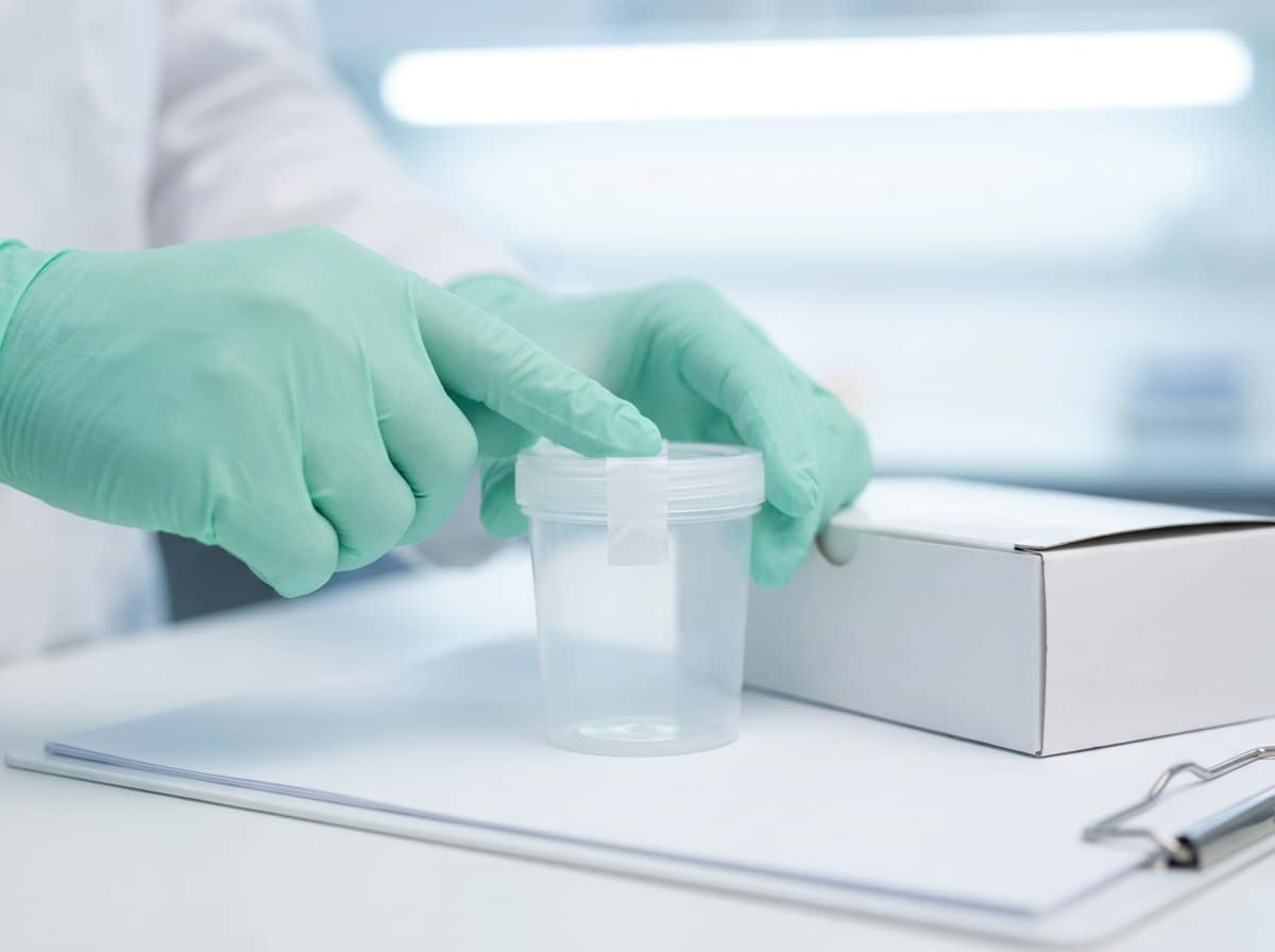 Gloved hands sealing a clear specimen container beside a blank chain-of-custody clipboard and a collection kit box.