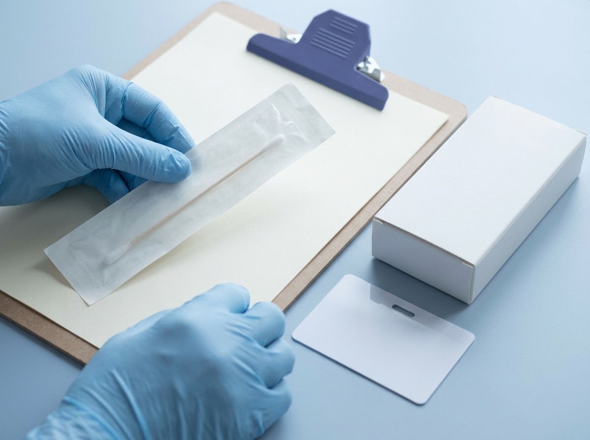 Gloved hands holding a packaged swab above a clipboard beside a collection kit box and a blank ID card, used for legal paternity test chain of custody.