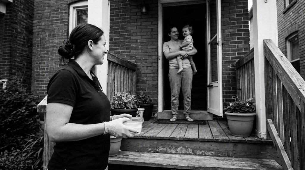 A mobile DNA test collector in gloves arrives at a family's front door with a sealed collection kit.