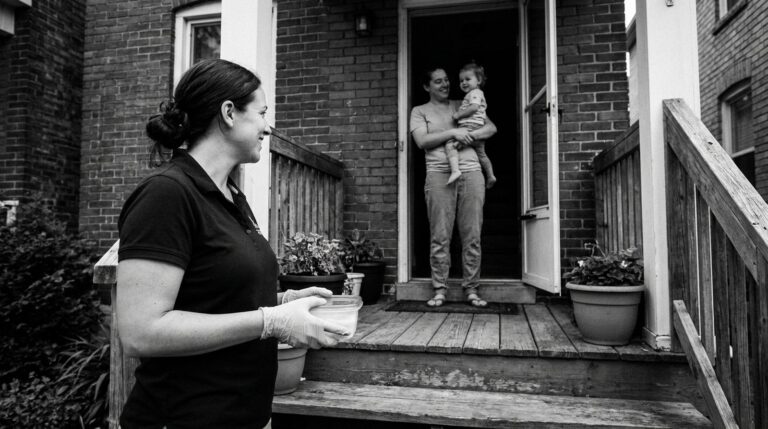 A mobile DNA test collector in gloves arrives at a family's front door with a sealed collection kit.