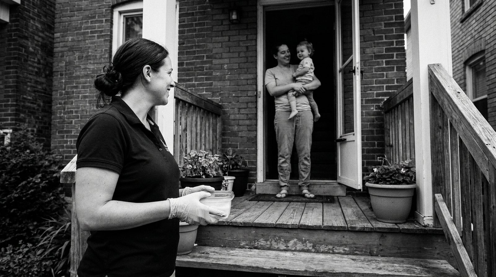 A mobile DNA test collector in gloves arrives at a family's front door with a sealed collection kit.