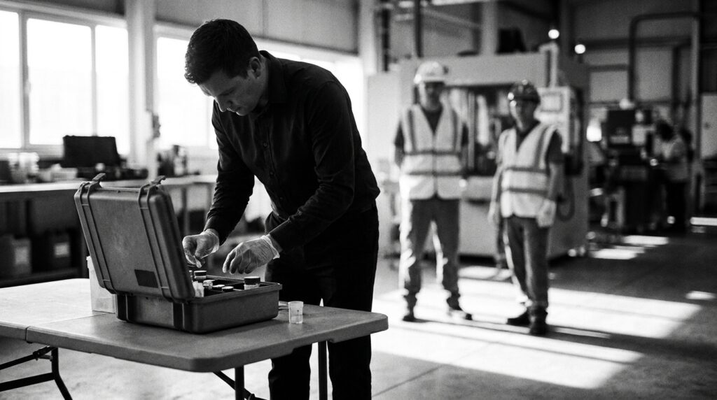 Black and white photo of a drug test collector opening a collection case on a table in an industrial break room while two workers in safety vests wait