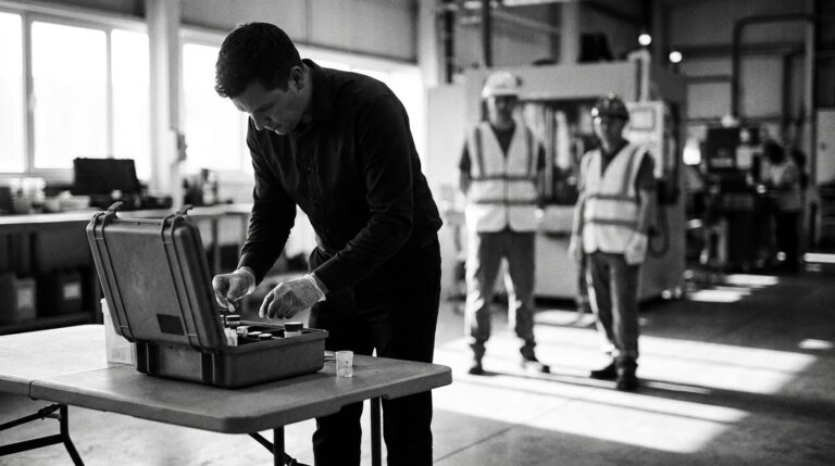 Black and white photo of a drug test collector opening a collection case on a table in an industrial break room while two workers in safety vests wait