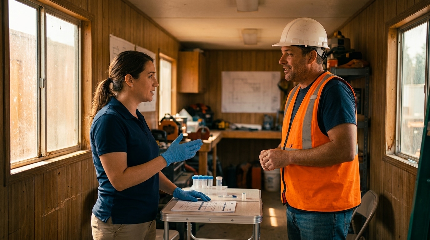 A gloved collector talks with a construction worker in a hard hat and orange vest during an onsite drug test collection in a job site trailer.