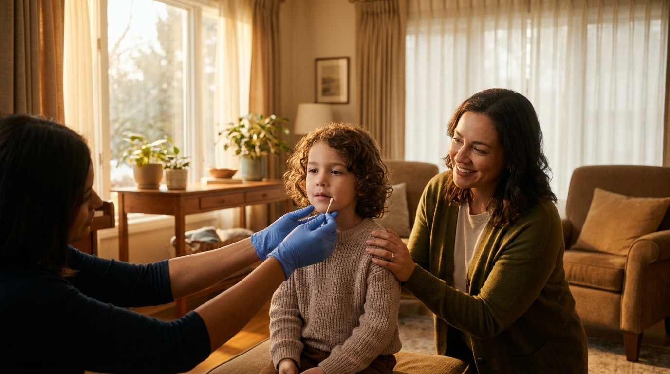 A collector in blue gloves swabs a young child&rsquo;s mouth for a DNA paternity test while a parent gently holds the child&rsquo;s shoulders in a sunlit living room.