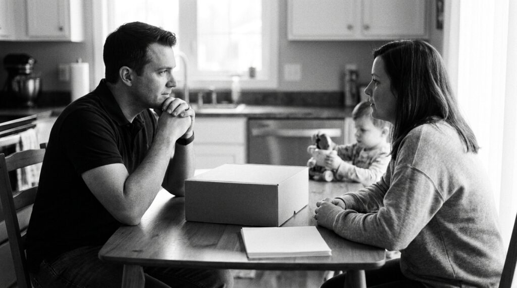 Black and white photo of a mobile DNA collector and a parent talking across a kitchen table with a collection kit and blank paperwork between them