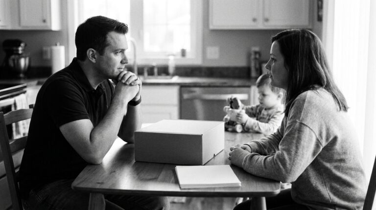 Black and white photo of a mobile DNA collector and a parent talking across a kitchen table with a collection kit and blank paperwork between them