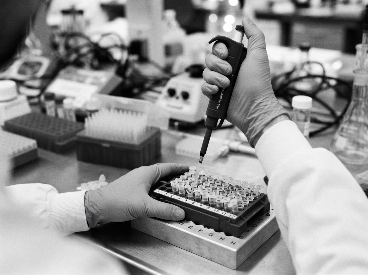 A gloved lab technician pipetting a DNA sample into a rack of test tubes at an AABB-accredited laboratory.