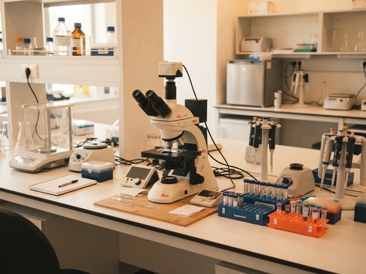 A clean, organized DNA testing laboratory workspace with equipment and sample racks.