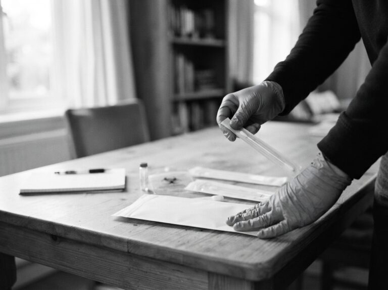 Gloved hands preparing a cheek-swab DNA collection kit on a home table for a mobile avuncular DNA test.