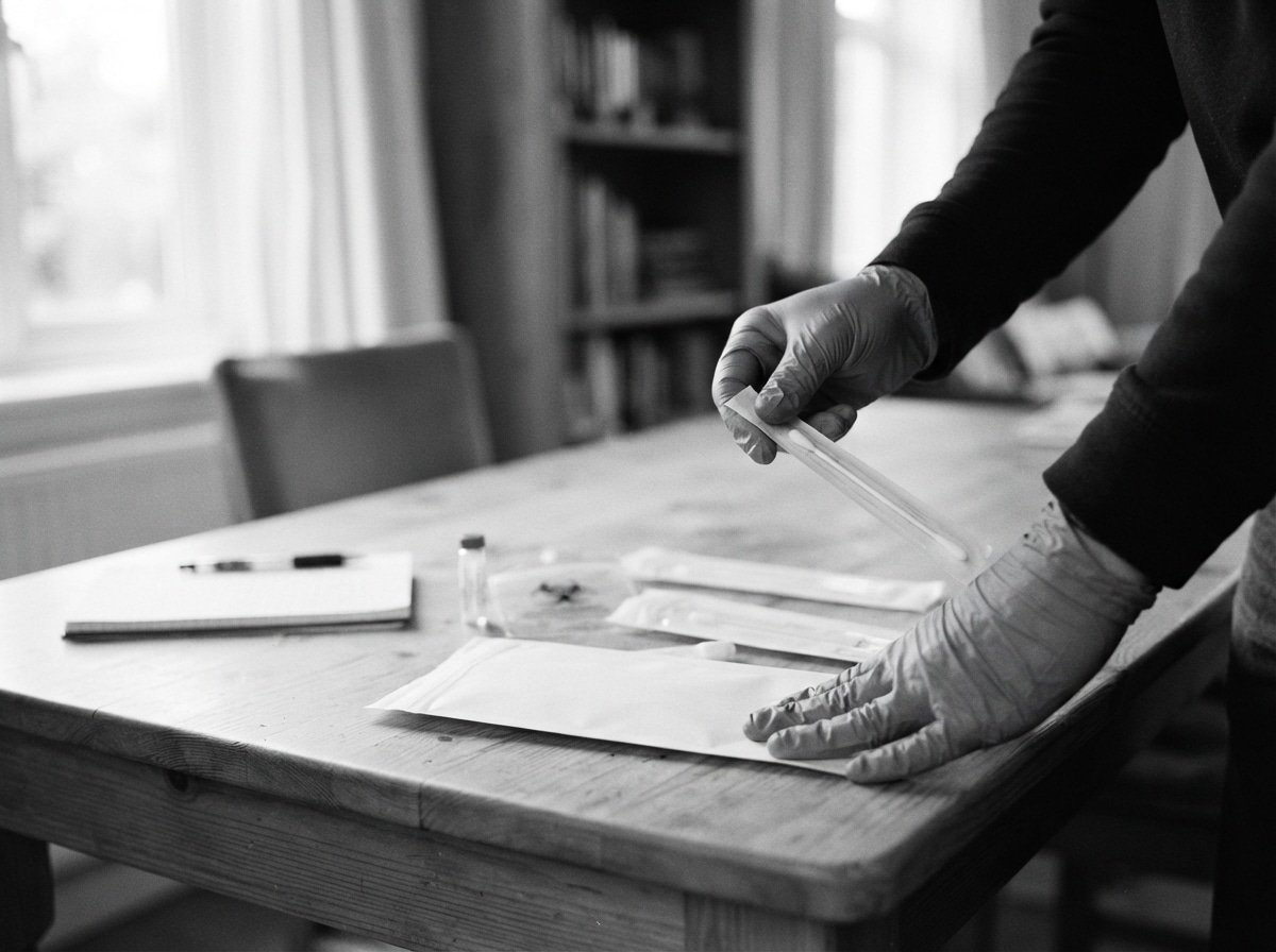 Gloved hands preparing a cheek-swab DNA collection kit on a home table for a mobile avuncular DNA test.