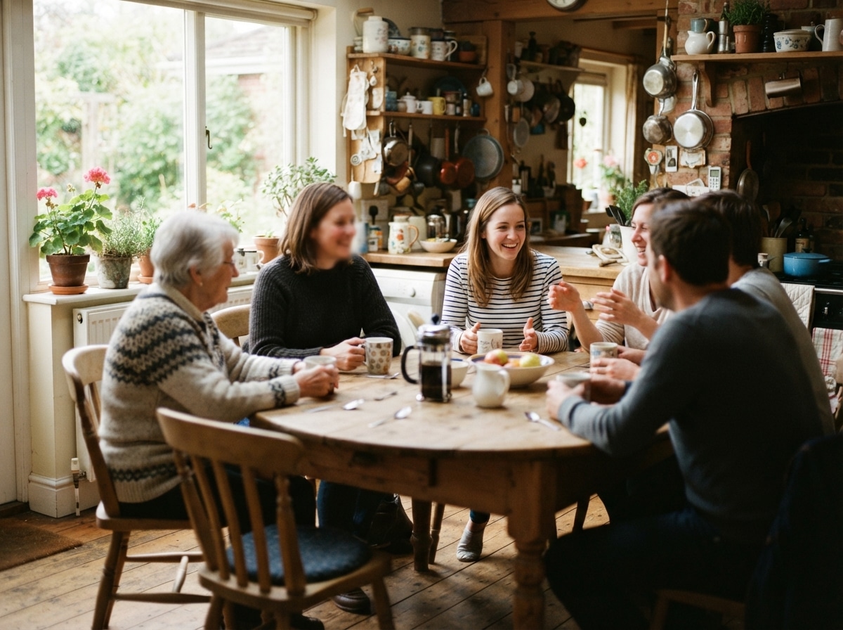 An extended family, including aunts, uncles, nieces and nephews, gathered together at a kitchen table.