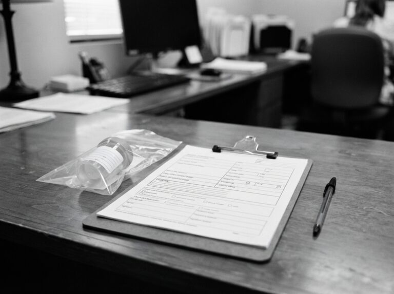 A clipboard with a drug testing consent form and a sealed specimen cup on an office desk.